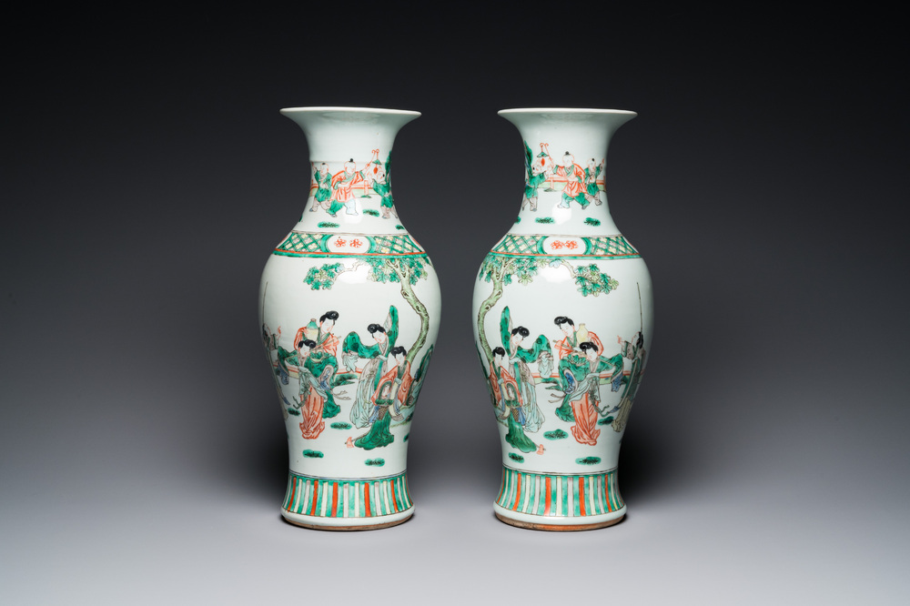 A pair of Chinese famille verte vases with ladies and playing boys, 19th C.