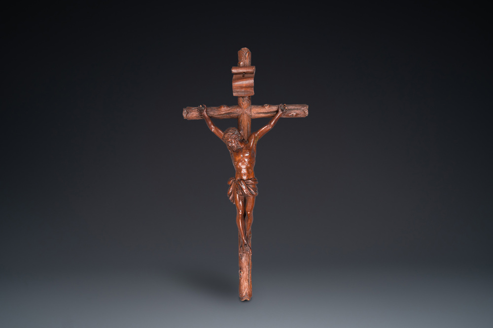 A naturalistically carved wooden crucifix with corpus, probably Germany, late 18th C.