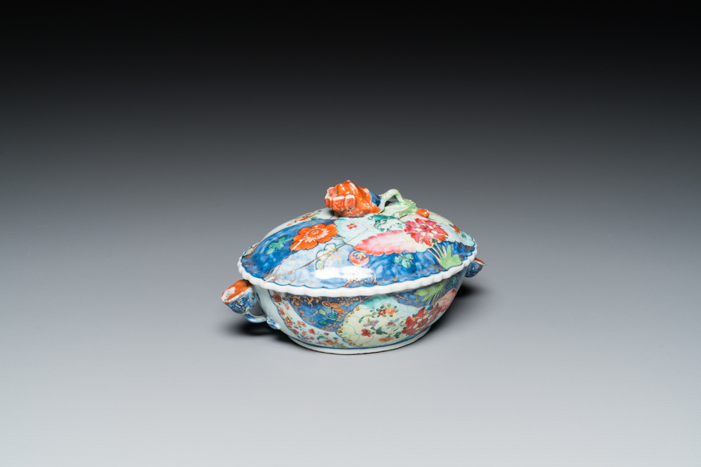 A small Chinese famille rose 'tobacco leaf' tureen and cover, Qianlong