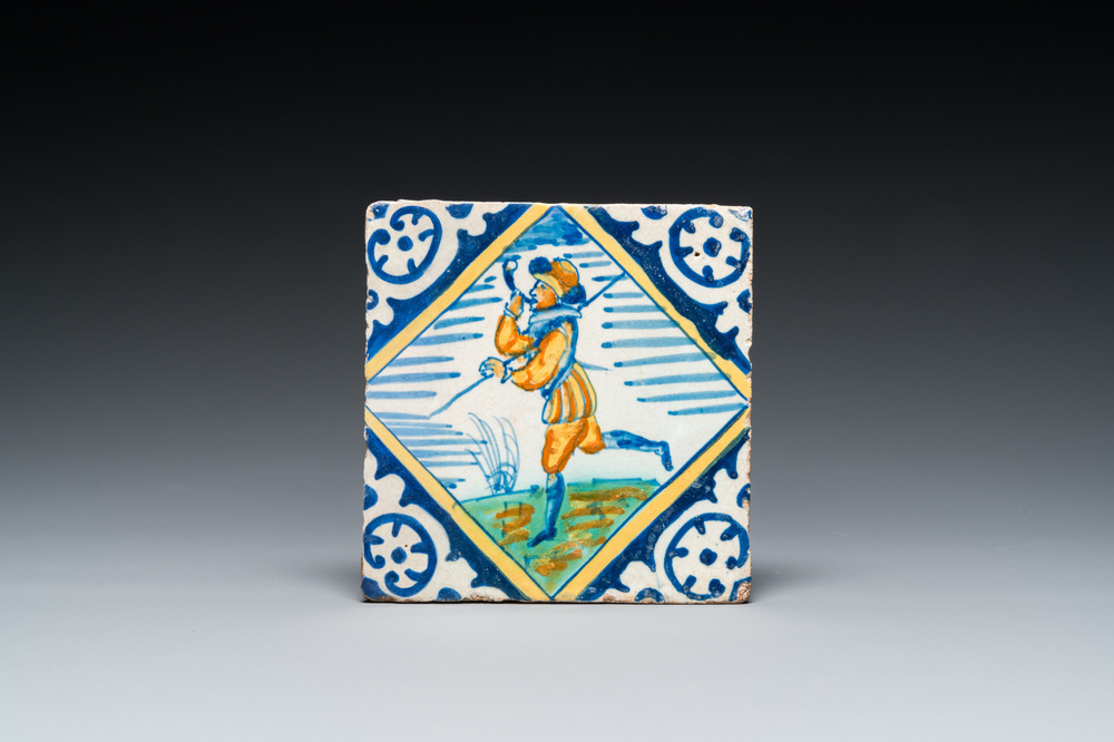 A polychrome maiolica tile with a hunter with horn, probably Middelburg, late 16th C.