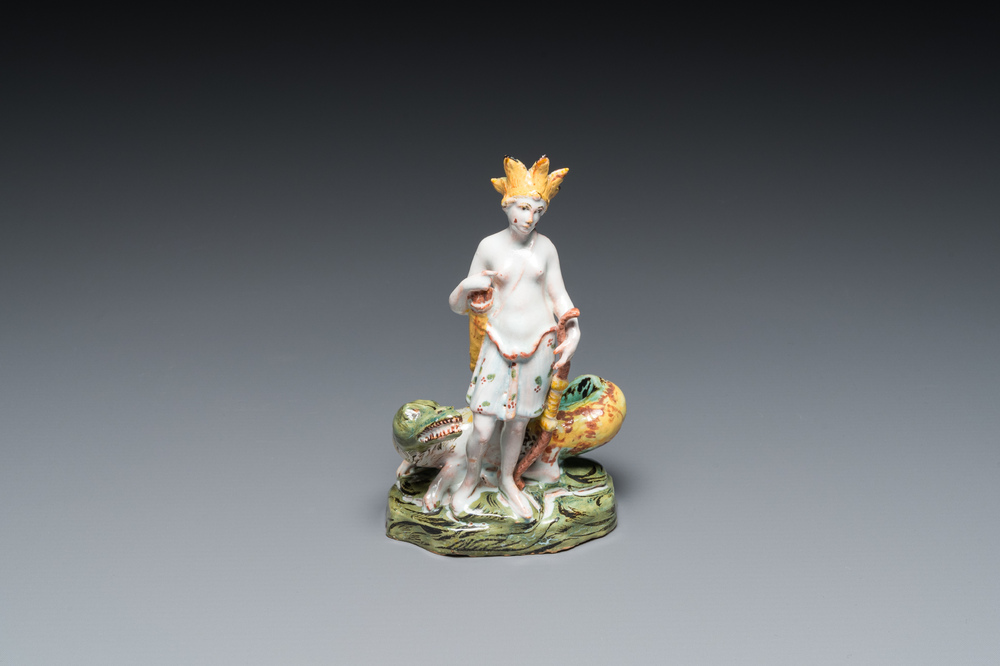 A polychrome Brussels faience allegorical sculpture representing America, probably Mombaers workshop, late 18th C.