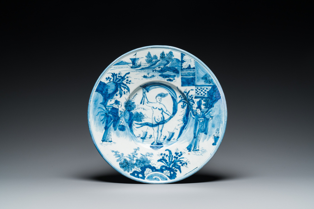 A Dutch Delft blue and white 'Venus' dish, late 17th C.