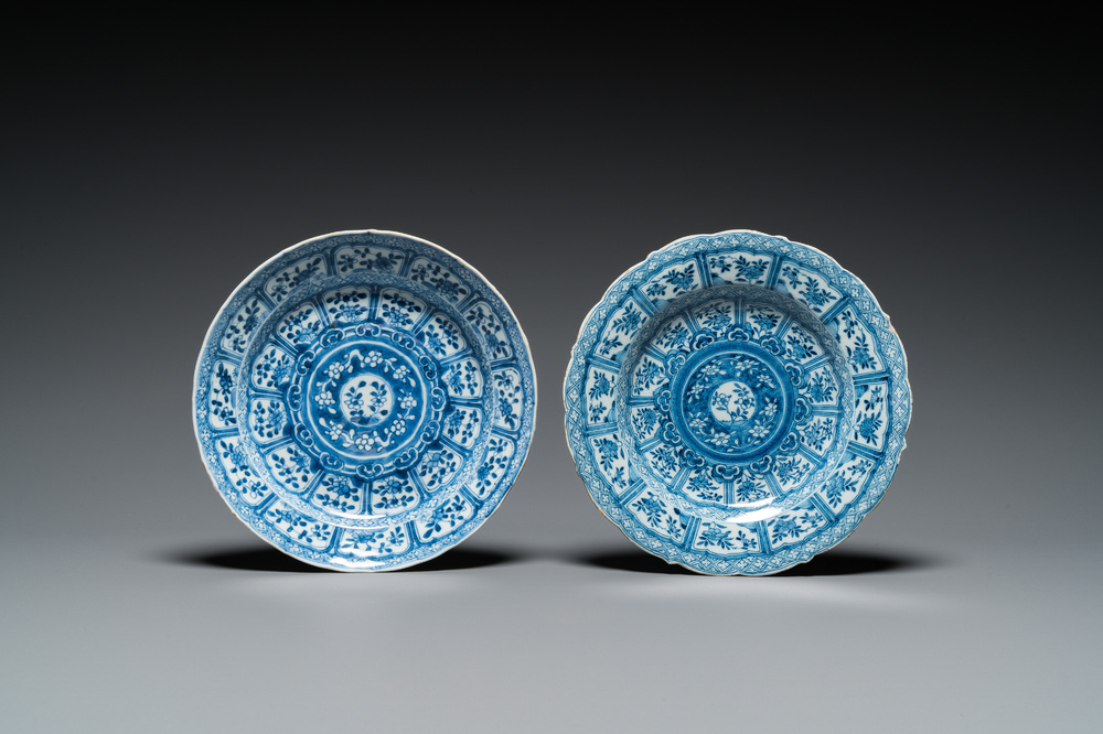 Two blue and white plates with the same design in Chinese porcelain and Dutch Delftware, Kangxi and 18th C.