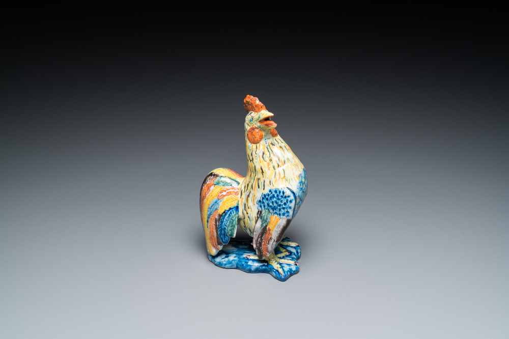 A fine polychrome Dutch Delft model of a rooster, 18th C.