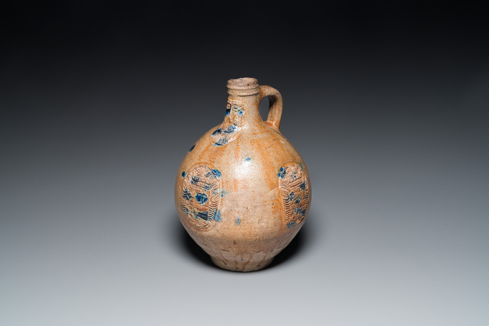 A large stoneware bellarmine jug with cobalt blue splashes, Cologne or Raeren, ca. 1600