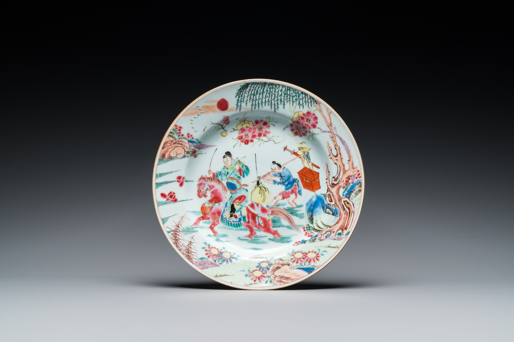 A Chinese famille rose 'Xi Xiang Ji' plate depicting Zhang Junrui leaving for the capital, Yongzheng