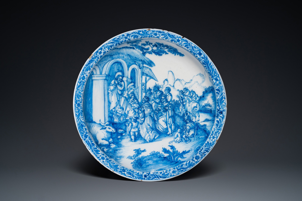 An exceptional blue and white 'Adoration of the Magi' dish, Verstraeten workshop, Haarlem, ca. 1640-1660