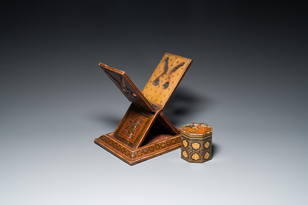 A painted and lacquered wooden Qur'an stand and a box and cover, Qajar, Persia, 19th C.