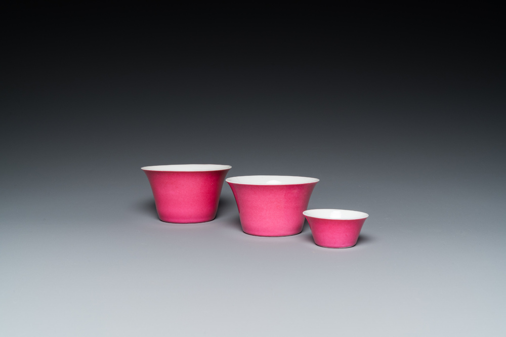 Three Chinese monochrome pink bowls, Guangxu mark and of the period