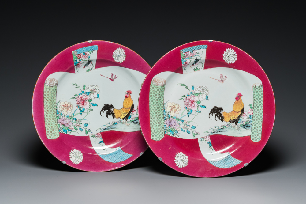 A pair of large Chinese famille rose ruby-ground 'rooster' dishes, Yongzheng