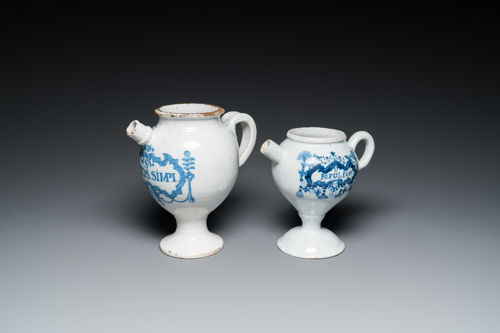 Two blue and white Brussels faience wet drug jars, late 17th and 19th C.