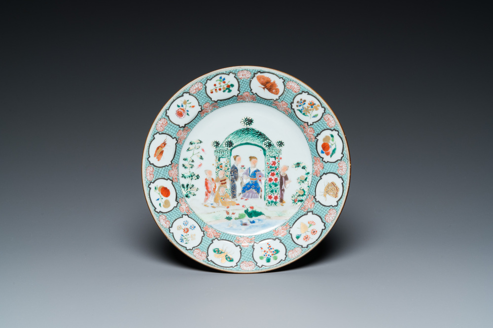 A Chinese famille rose 'arbor' plate after a design by Cornelis Pronk, Qianlong