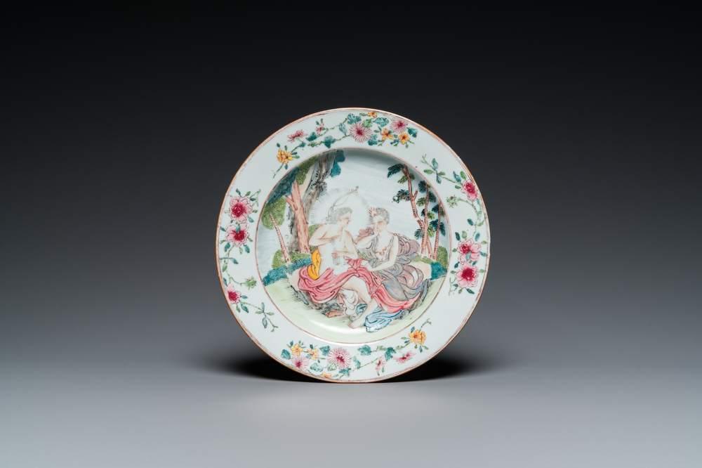 A Chinese famille rose 'mythological subject' plate with Apollo and Daphne, Yongzheng