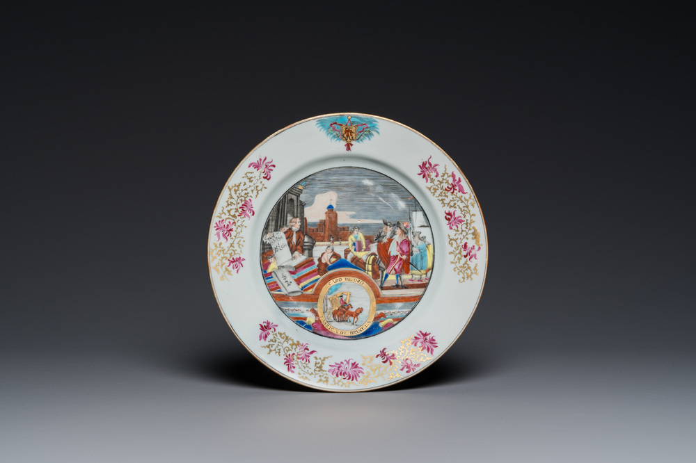 Assiette en porcelaine de Chine surd&eacute;cor&eacute;e en Europe &agrave; d&eacute;cor de marchands de laines europ&eacute;ens, Qianlong