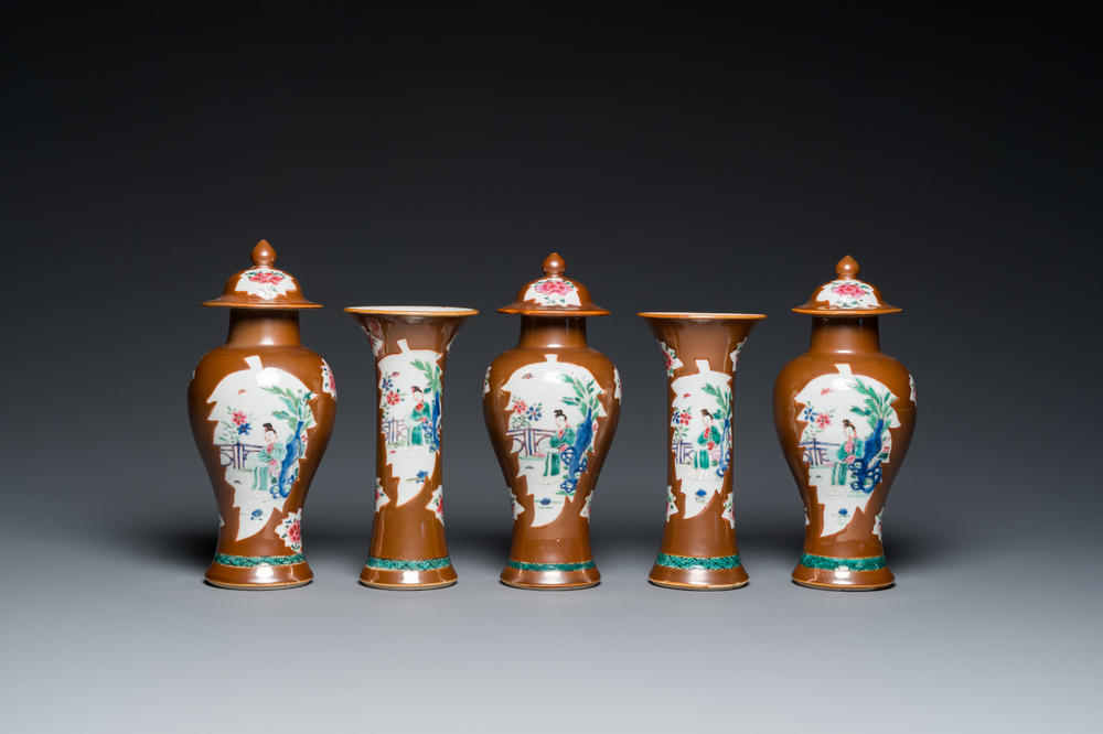 A Chinese capucin-brown-ground famille rose garniture of five vases with 'Xi Xiang Ji' design, Yongzheng