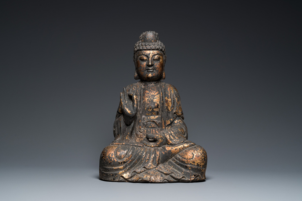 A large Chinese gilded wooden Buddha, Qing