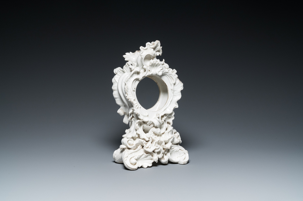A blanc de Chine porcelain rococo case clock, probably Meissen, 18th C.