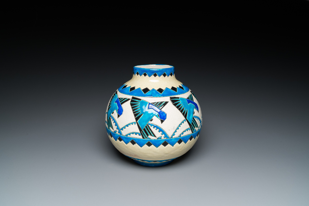 Charles Catteau (1880-1966) for Boch K&eacute;ramis: a globular Art Deco crackle-glazed vase with swallows