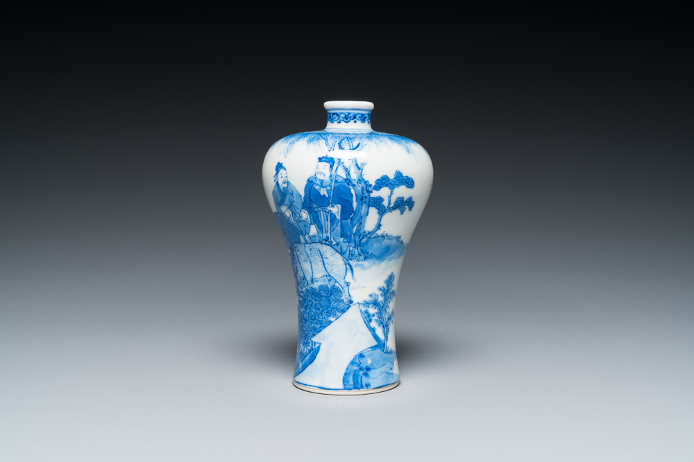 A fine Chinese blue and white 'meiping' vase with farmers with oxen, Qianlong mark, Republic