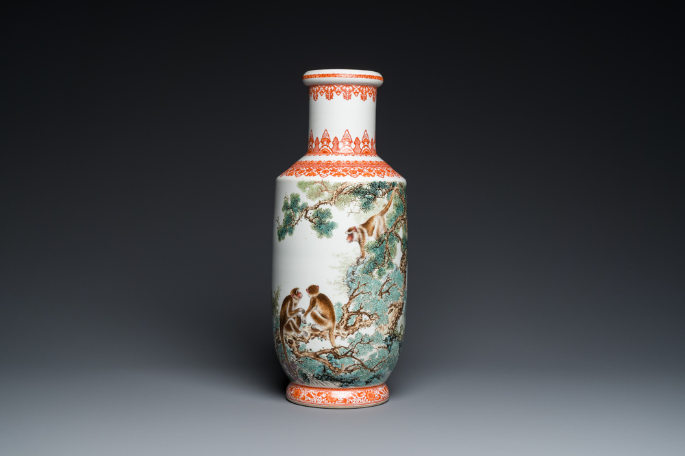 A Chinese rouleau vase with monkeys, signed Bi Yuanming 畢淵明, dated 1956