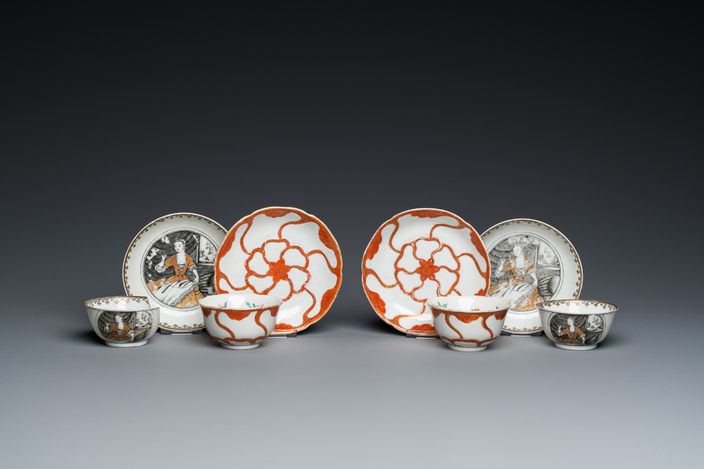 Vier Chinese grisaille en ijzerrode koppen en schotels, Yongzheng/Qianlong