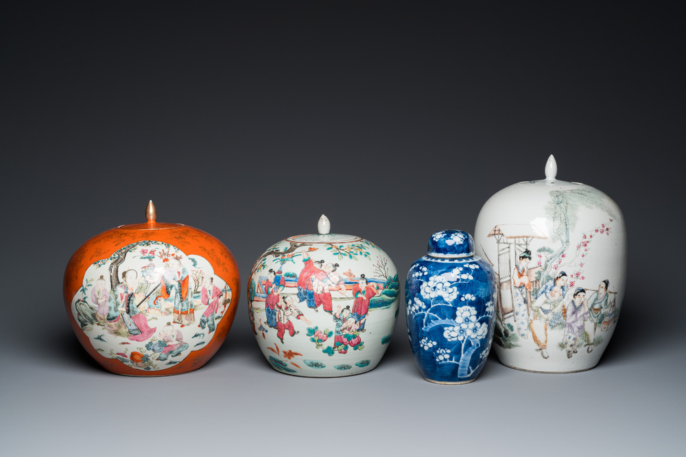 Four Chinese famille rose and blue and white covered jars, 19/20th C.