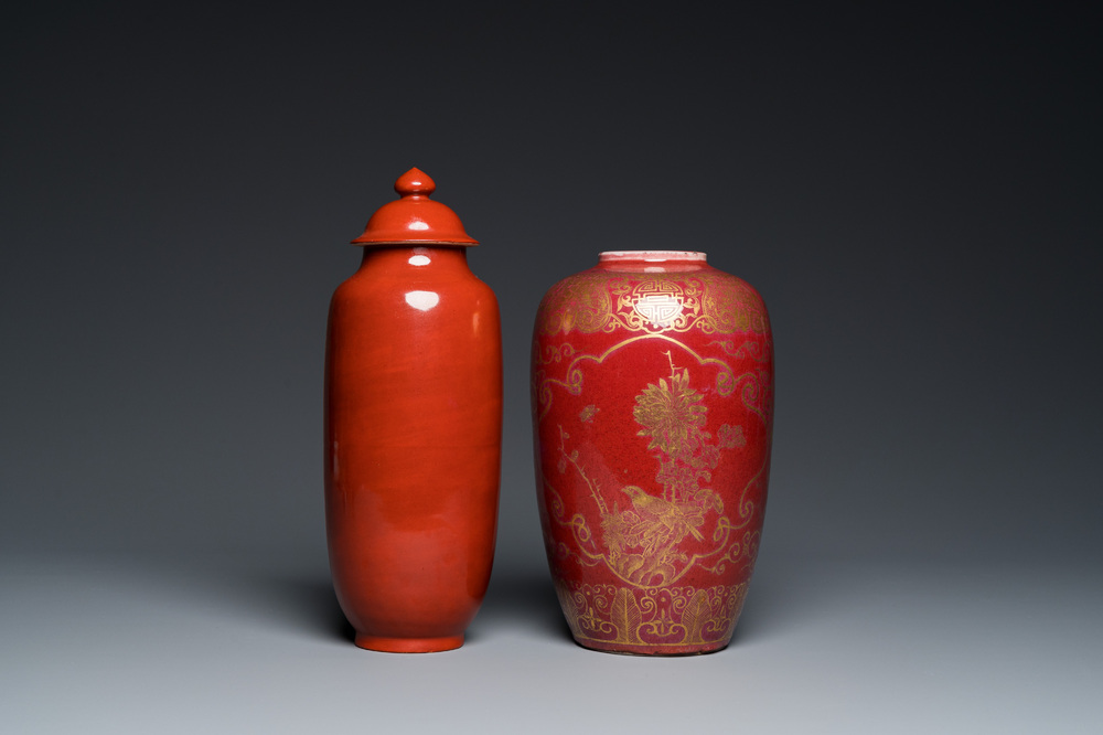 A Chinese coral-red vase with cover and a gilt-decorated sang de boeuf-glazed vase, 19/20th C.