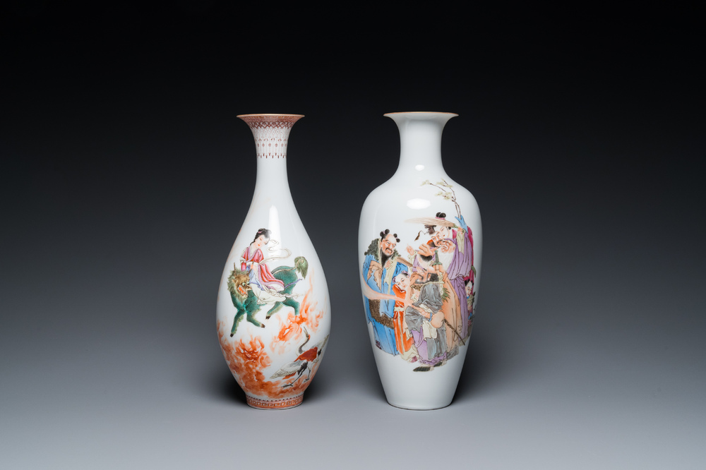 Two Chinese famille rose vases, Cao Mulin 曹木林 and Wang Bu 王步 mark, one dated 1980