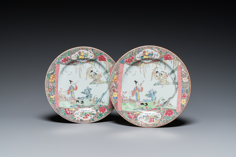 A pair of Chinese famille rose 'Xi Xiang Ji' plates, Yongzheng