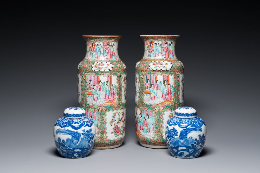 A pair of Chinese Canton famille rose vases and a pair of blue and white covered jars, 19th C.