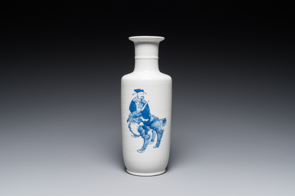 A Chinese blue and white 'Sanxing' rouleau vase, probably 19th C.