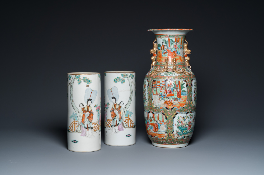 A pair of Chinese famille rose hat stands and a Canton famille rose vase, 19/20th C.