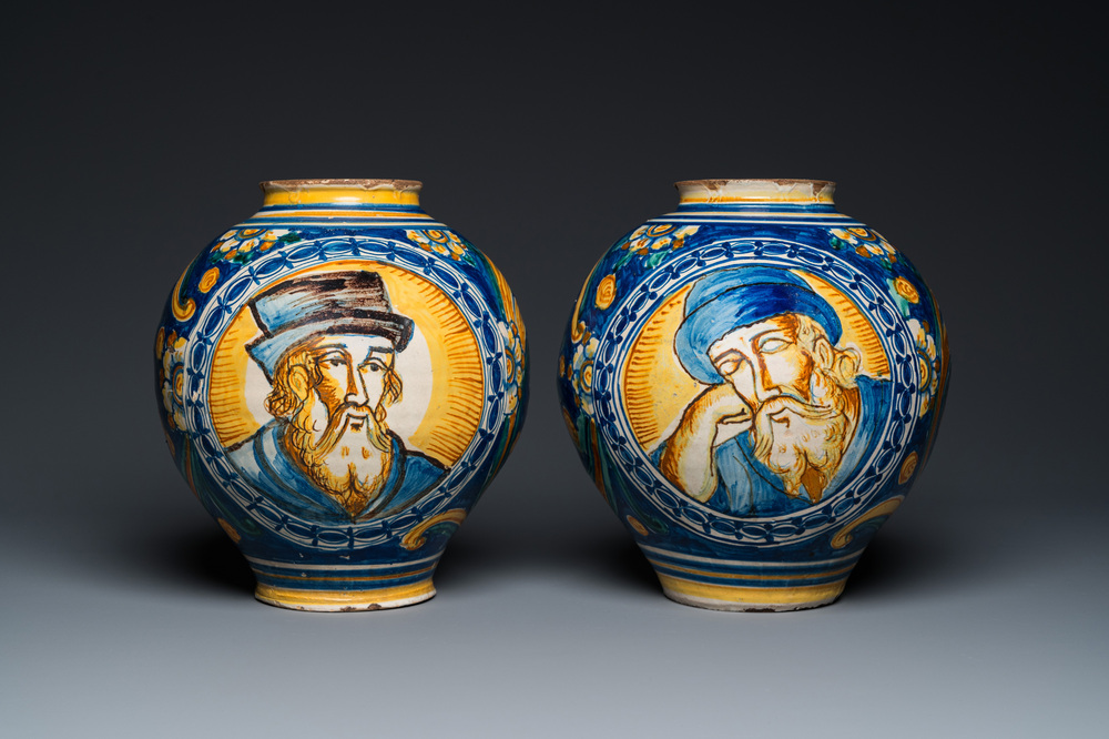 A pair of polychrome Italian maiolica drug jars in Venetian style, Southern Italy, late 16th C.