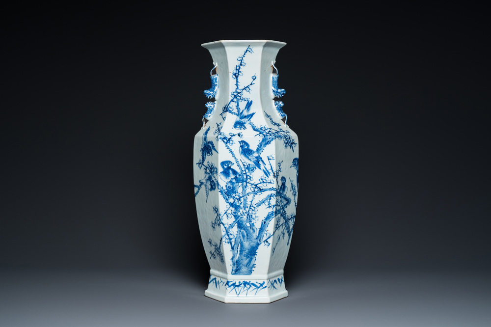 A Chinese blue and white hexagonal 'magpie and plum blossom' vase, 19th C.