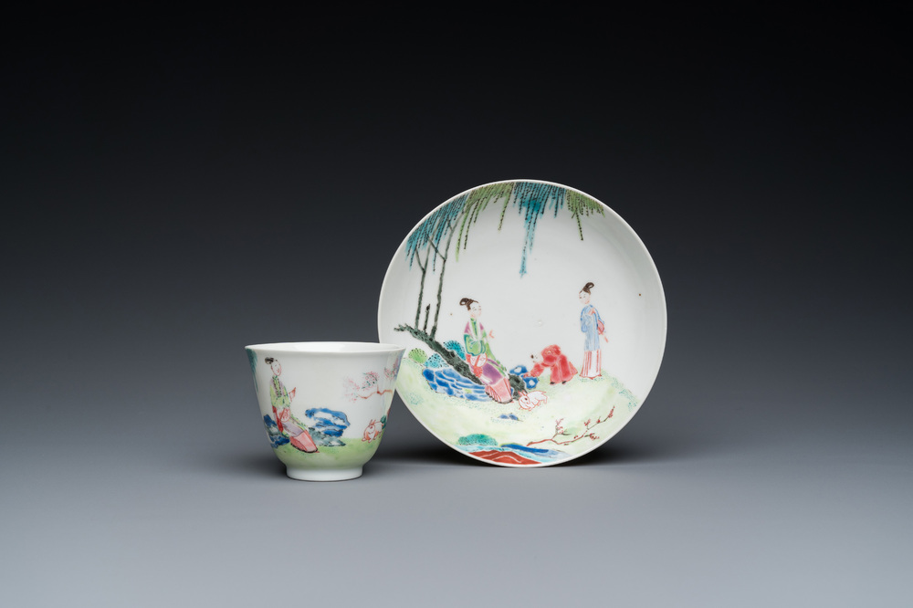 A large Chinese famille rose cup and saucer, Yongzheng