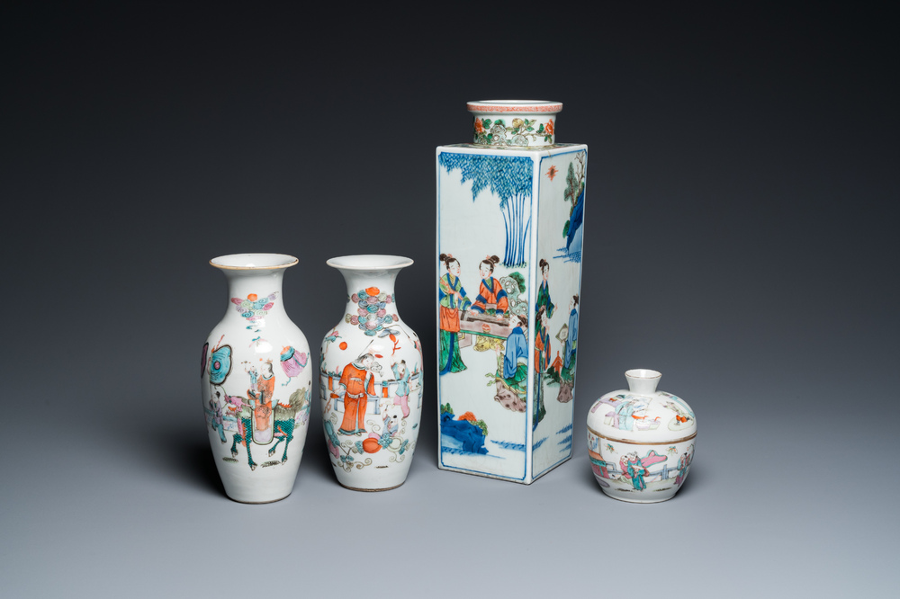 A square Chinese famille verte vase, two famille rose vases and a covered bowl, 19th C.