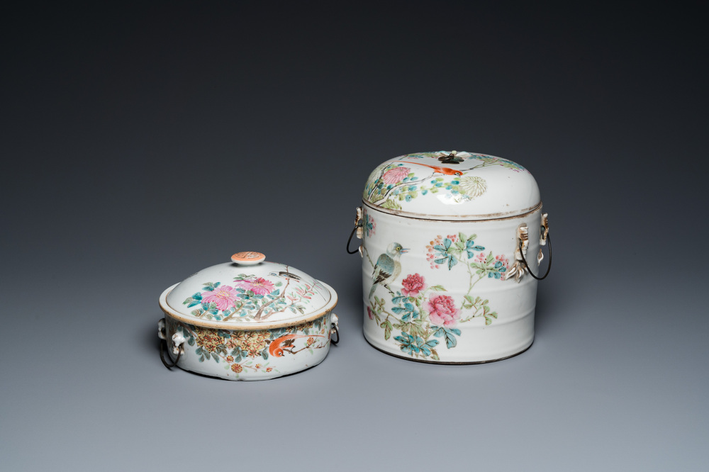 Deux bols couverts en porcelaine de Chine qianjiang cai, marque de Tongzhi, 19&egrave;me