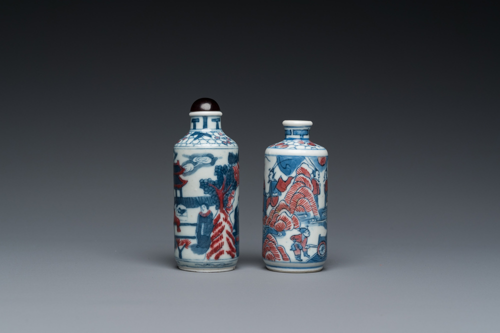 Two Chinese blue, white and copper-red snuff bottles, Yongzheng mark, 19th C.