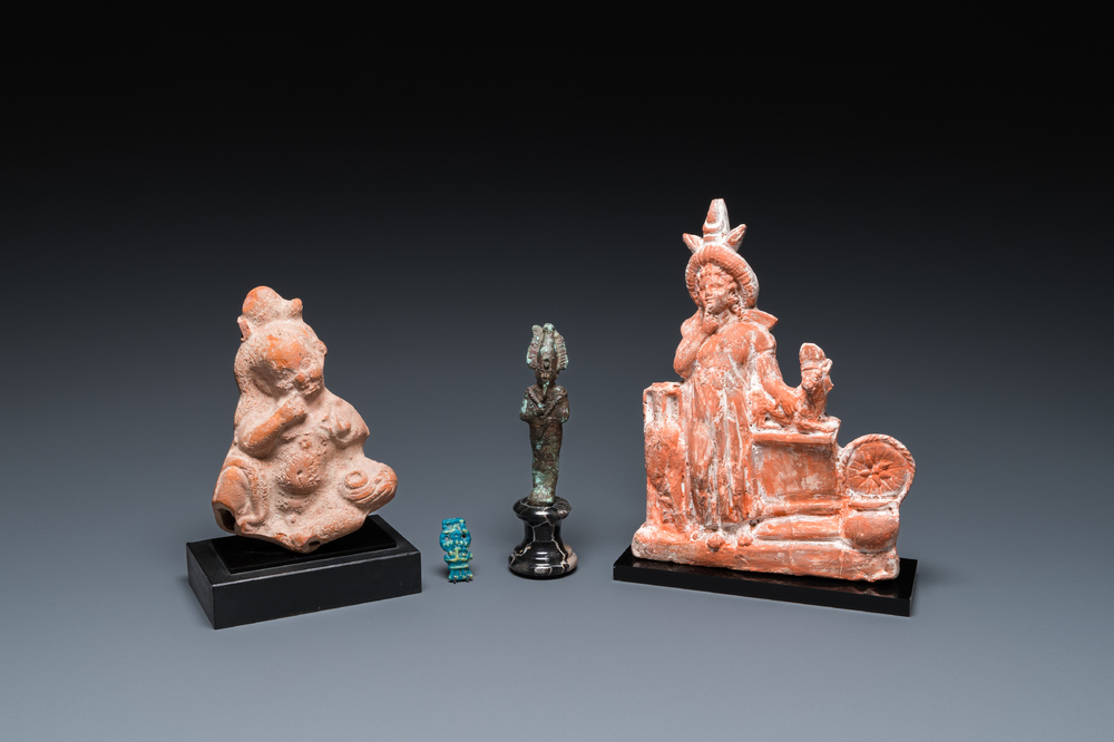 Two Egyptian terracotta sculptures, a bronze sculpture of Osiris and a turquoise frit amulet, Late period and Ptolemaic period