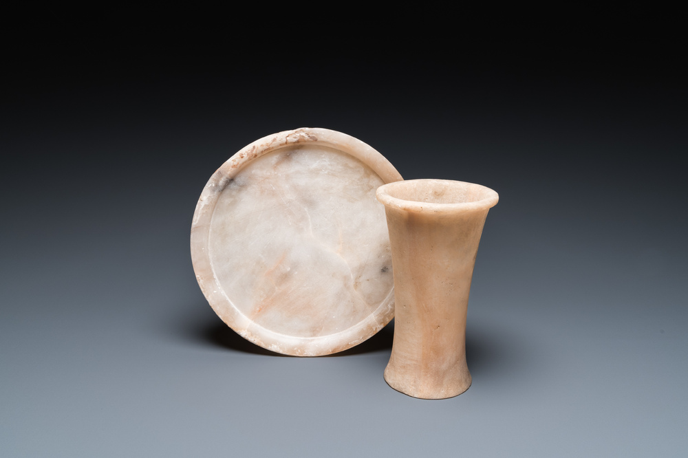An Egyptian alabaster vase and a dish, Old Kingdom