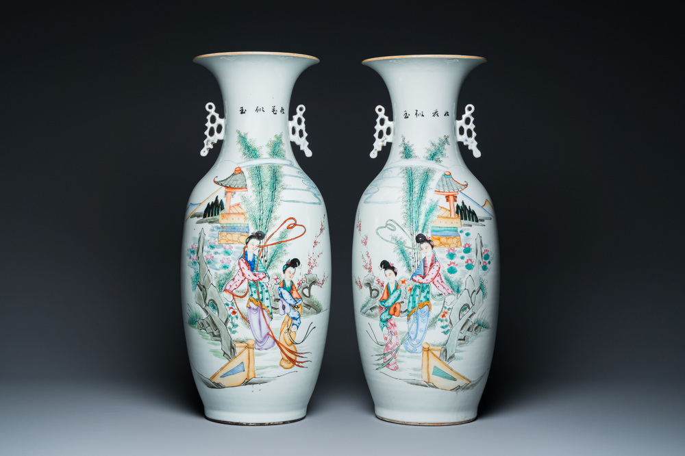 A pair of Chinese famille rose 'ladies in a garden' vases, 19/20th C.