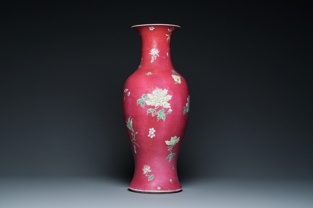 A Chinese famille rose ruby sgraffito-ground vase, Qianlong mark, Republic