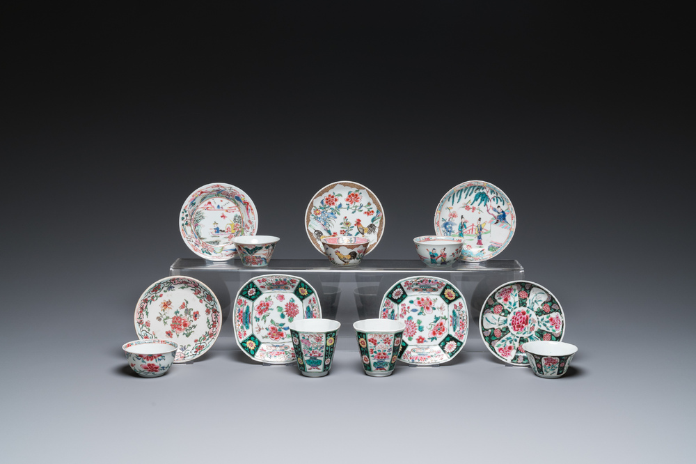 Seven Chinese famille rose cups and saucers, Yongzheng/Qianlong