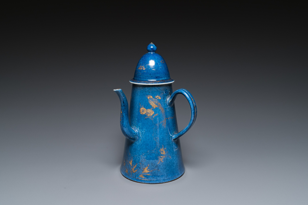 A Chinese gilt-decorated powder-blue coffeepot and cover, Kangxi