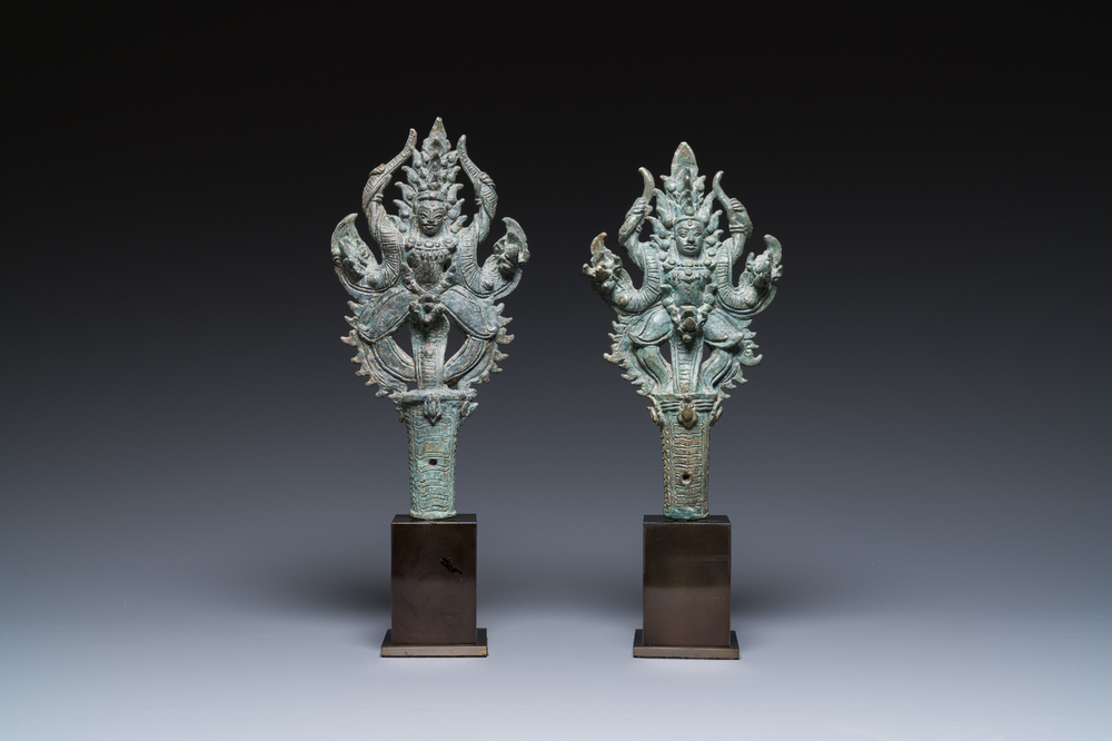 A pair of Khmer bronze ornaments showing dancing Apsaras in Bayon-style, Cambodia, Angkor period, 13th C.