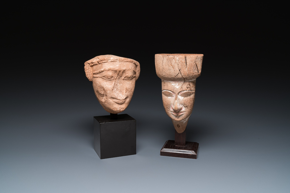 An Egyptian wooden sarcophagus mask and a sandstone head, Late period and Saite period