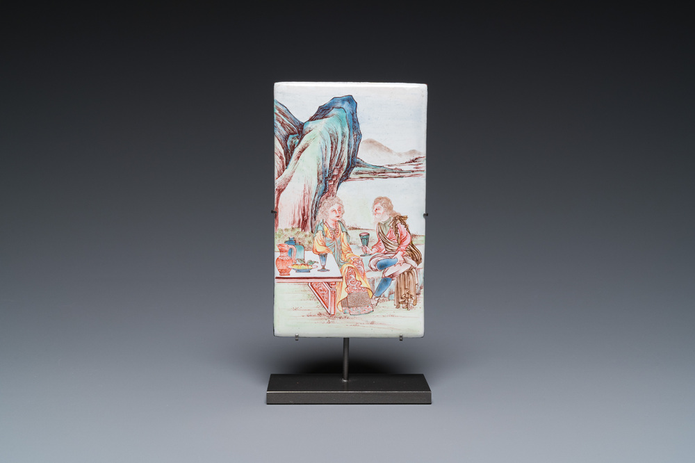 A rectangular Chinese Canton enamel plaque with a European couple, Yongzheng