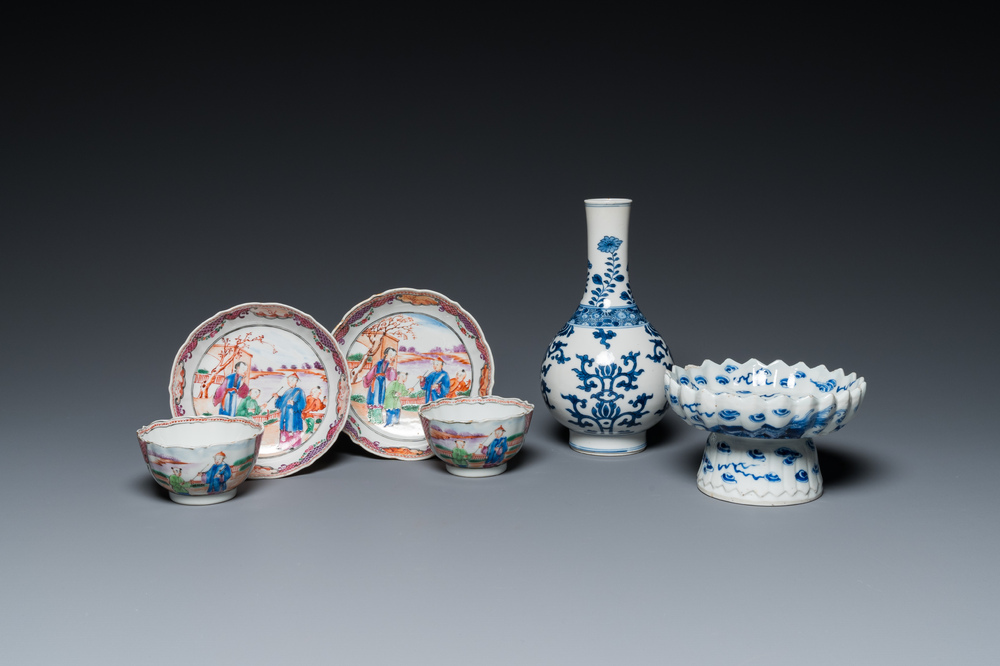 A Chinese blue and white bottle vase, a tazza and a pair of famille rose cups and saucers, Kangxi and later