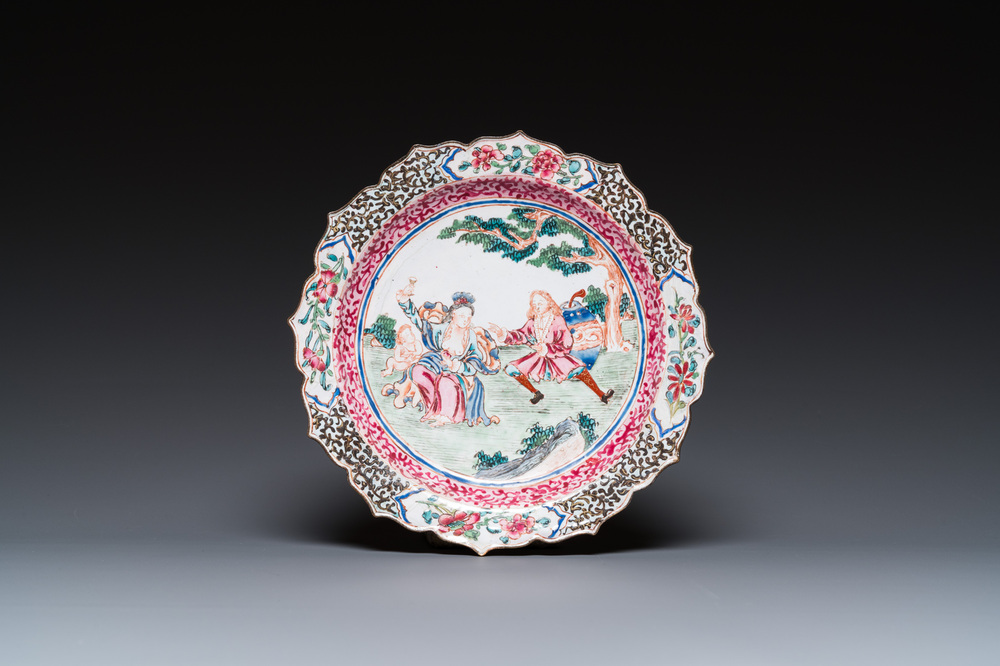 A Chinese Canton enamel 'erotical subject' plate, Yongzheng/Qianlong