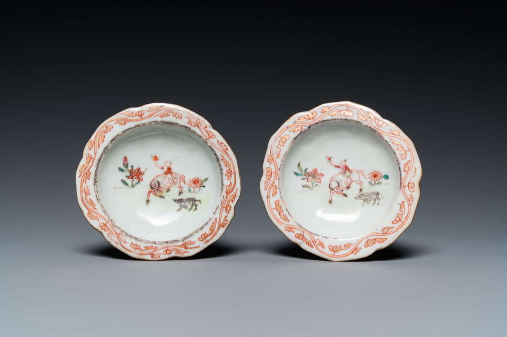 A pair of Chinese famille rose 'boy on a buffalo' salts, Qianlong